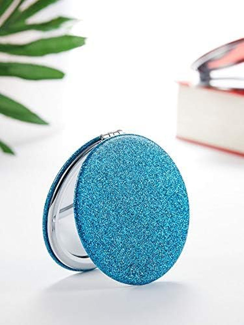Compact Mirror with 1X/10X Magnification, round with PU Leather, Ultra-Portable for Purses and Travel (Glitter Blue)