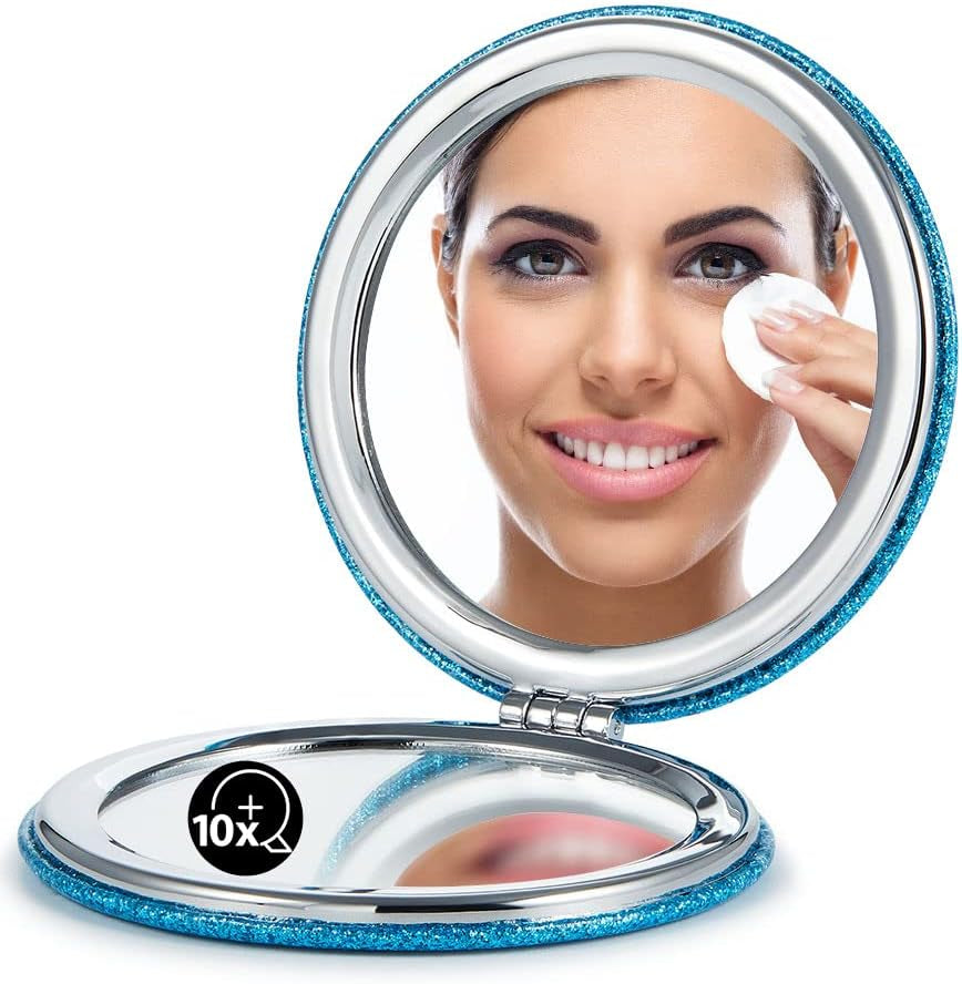 Compact Mirror with 1X/10X Magnification, round with PU Leather, Ultra-Portable for Purses and Travel (Glitter Blue)