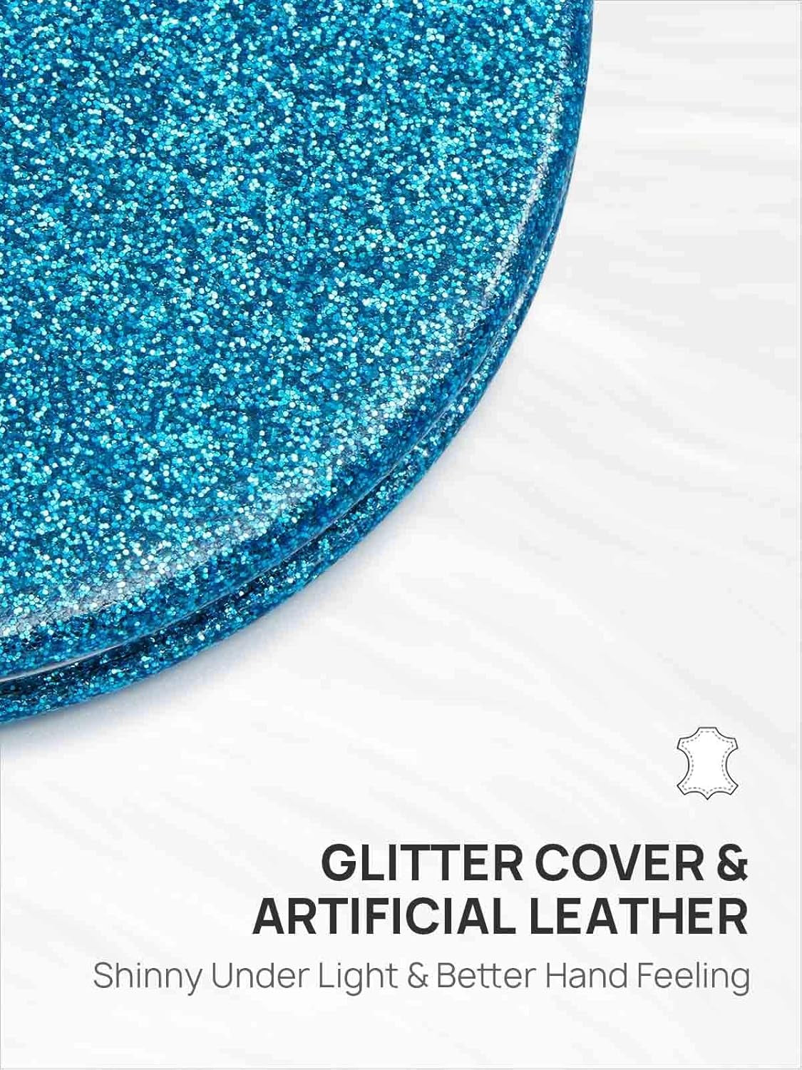 Compact Mirror with 1X/10X Magnification, round with PU Leather, Ultra-Portable for Purses and Travel (Glitter Blue)
